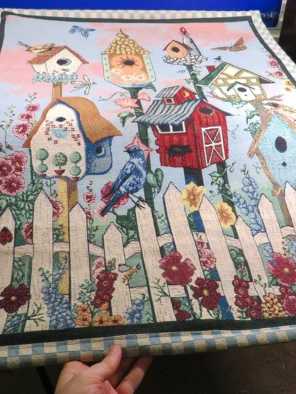 Vintage Birdhouse Woven Wall Tapestry Hanging Pole Included cottagecore 33